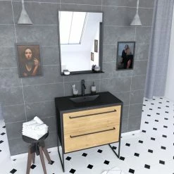 Aurlane Meuble De Salle De Bain 80x50 Cm NOIR MAT - 2 Tiroirs - Vasque Résine Noire Effet Pierre + Miroir