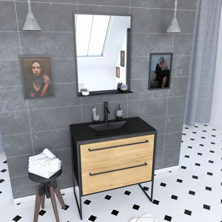 Aurlane Meuble De Salle De Bain 80x50 Cm NOIR MAT - 2 Tiroirs - Vasque Résine Noire Effet Pierre + Miroir 1 Aurlane Meuble De Salle De Bain 80x50 Cm NOIR MAT - 2 Tiroirs - Vasque Résine Noire Effet Pierre + Miroir