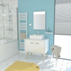 Aurlane MEUBLE SALLE DE BAIN SCANDINAVE BLANC 80 CM SUR PIEDS AVEC PORTES, VASQUE A POSER ET MIROIR LED