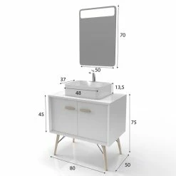 Aurlane MEUBLE SALLE DE BAIN SCANDINAVE BLANC 80 CM SUR PIEDS AVEC PORTES, VASQUE A POSER ET MIROIR LED -Paris Prix boutique B2CD 1026