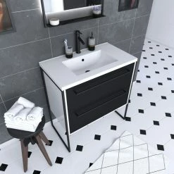 Aurlane Meuble De Salle De Bain 80x50cm Blanc - 2 Tiroirs Noir Mat - Vasque Résine Blanche - STRUCTURA P021