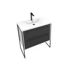 Aurlane Meuble De Salle De Bain 80x50cm Blanc - 2 Tiroirs Noir Mat - Vasque Résine Blanche - STRUCTURA P021 -Paris Prix boutique B2CD 1042