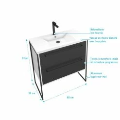 Aurlane Meuble De Salle De Bain 80x50cm Blanc - 2 Tiroirs Noir Mat - Vasque Résine Blanche - STRUCTURA P021 -Paris Prix boutique B2CD 1043