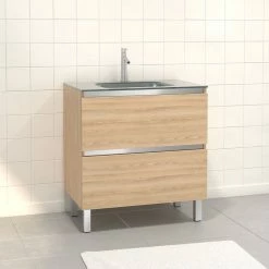 Aurlane Pack Meuble De Salle De Bain 80x50 Cm ChĂȘne Blond - 2 Tiroirs - Vasque Argent