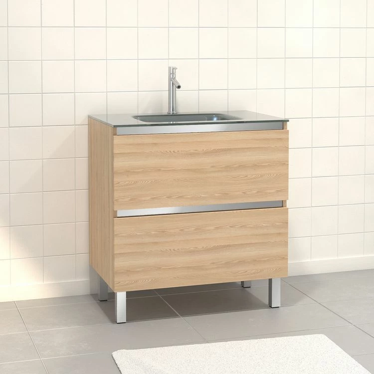 Aurlane Pack Meuble De Salle De Bain 80x50 Cm Chêne Blond - 2 Tiroirs - Vasque Argent 1 Aurlane Pack Meuble De Salle De Bain 80x50 Cm Chêne Blond - 2 Tiroirs - Vasque Argent