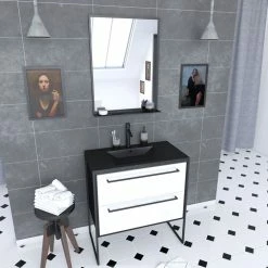 Aurlane Pack Meuble De Salle De Bain 80x50cm - 2 Tiroirs BLANC - Vasque Résine Noire Effet Pierre - Miroir