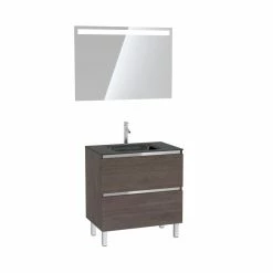 Aurlane Pack Meuble De Salle De Bain 80x50 Cm Graphite + Vasque Verre Noir + Miroir LED 80x60 -Paris Prix boutique B2CD 1077