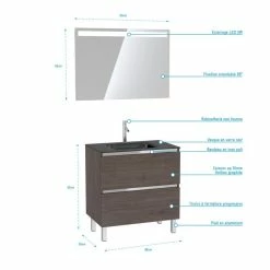 Aurlane Pack Meuble De Salle De Bain 80x50 Cm Graphite + Vasque Verre Noir + Miroir LED 80x60 -Paris Prix boutique B2CD 1078