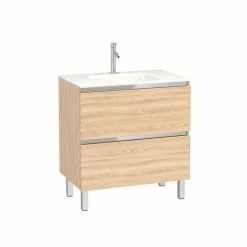 Aurlane Pack Meuble De Salle De Bain 80x50 Cm Chêne Blond - 2 Tiroirs - Vasque En Verre Blanc -Paris Prix boutique B2CD 1082
