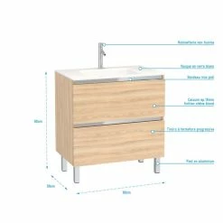 Aurlane Pack Meuble De Salle De Bain 80x50 Cm Chêne Blond - 2 Tiroirs - Vasque En Verre Blanc -Paris Prix boutique B2CD 1083