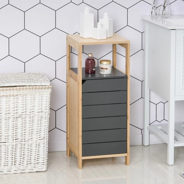 HOMCOM Meuble Colonne Rangement Salle De Bain Style Cosy Dim. 32L X 30l X 80H Cm Porte étagères Niche Bambou Gris 2 HOMCOM Meuble Colonne Rangement Salle De Bain Style Cosy Dim. 32L X 30l X 80H Cm Porte étagères Niche Bambou Gris – Image 2