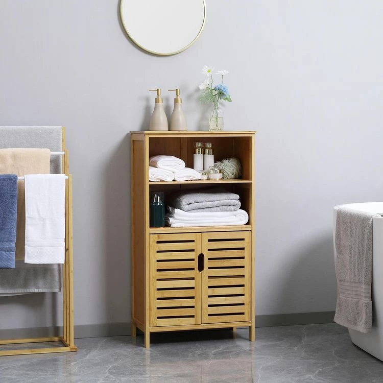 KLEANKIN Meuble Rangement Bas Salle De Bain Bambou Style Naturel 2 Portes Avec étagère 2 Niches Bambou 2 KLEANKIN Meuble Rangement Bas Salle De Bain Bambou Style Naturel 2 Portes Avec étagère 2 Niches Bambou – Image 2