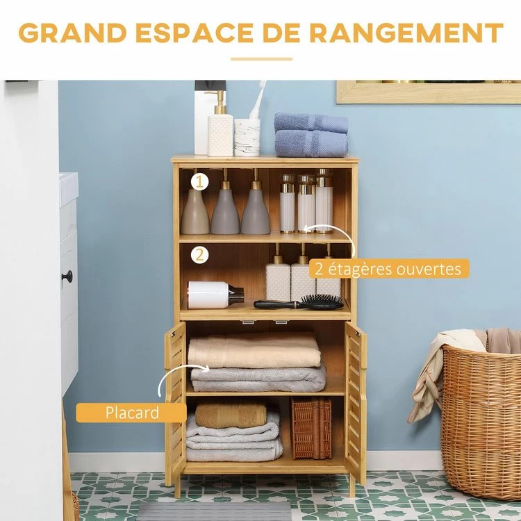 KLEANKIN Meuble Rangement Bas Salle De Bain Bambou Style Naturel 2 Portes Avec étagère 2 Niches Bambou 4 KLEANKIN Meuble Rangement Bas Salle De Bain Bambou Style Naturel 2 Portes Avec étagère 2 Niches Bambou – Image 4