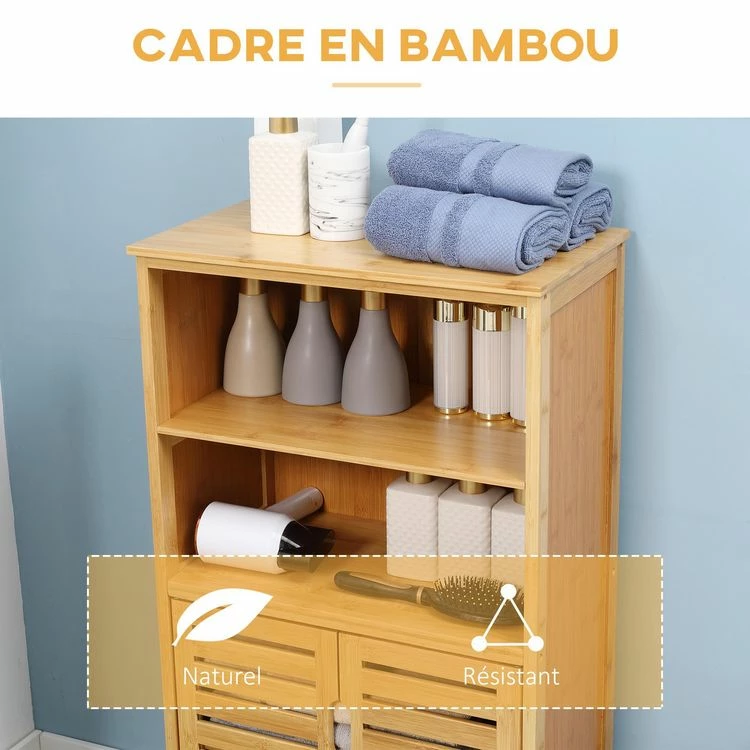 KLEANKIN Meuble Rangement Bas Salle De Bain Bambou Style Naturel 2 Portes Avec étagère 2 Niches Bambou 5 KLEANKIN Meuble Rangement Bas Salle De Bain Bambou Style Naturel 2 Portes Avec étagère 2 Niches Bambou – Image 5