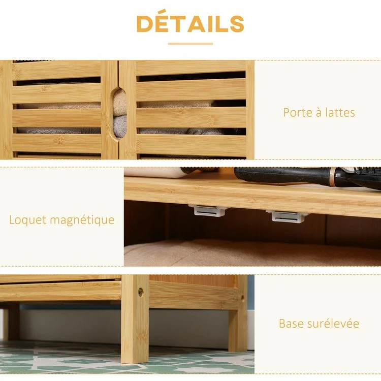 KLEANKIN Meuble Rangement Bas Salle De Bain Bambou Style Naturel 2 Portes Avec étagère 2 Niches Bambou 6 KLEANKIN Meuble Rangement Bas Salle De Bain Bambou Style Naturel 2 Portes Avec étagère 2 Niches Bambou – Image 6