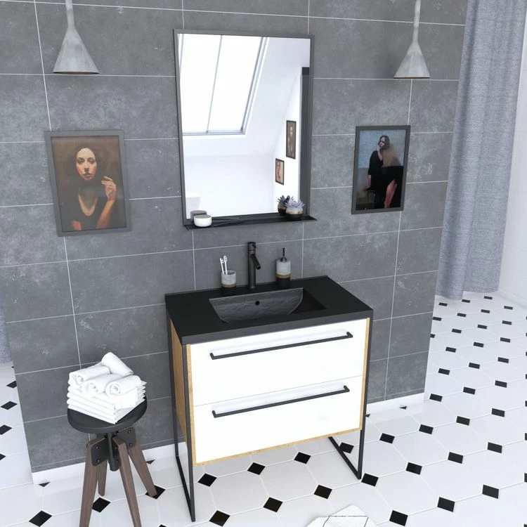 Aurlane Meuble De Salle De Bain 80x50cm - Vasque Noir Effet Pierre 80x50cm - 2 Tiroirs + Miroir 1 Aurlane Meuble De Salle De Bain 80x50cm - Vasque Noir Effet Pierre 80x50cm - 2 Tiroirs + Miroir