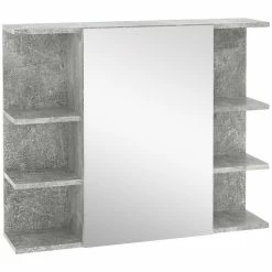 KLEANKIN Miroir De Salle De Bain Avec Placard étagère - 4 étagères Latérales - Panneaux Aspect Béton Ciré