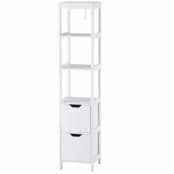 KLEANKIN Meuble Colonne Rangement Salle De Bain Dim. 30L X 30l X 144H Cm 2 Tiroirs 3 étagères MDF Blanc
