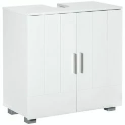 KLEANKIN Meuble Vasque - Meuble Sous-vasque - 2 Portes Rainurées, 2 étagères - Poignées Alliage Aluminium - Dim. 60L X 30l X 60H Cm - MDF Blanc