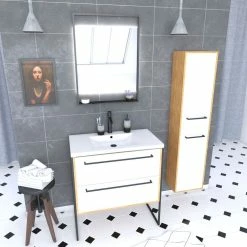Aurlane Ensemble De Salle De Bain 80cm + Vasque Blanche 80x50 + Tiroir Blanc Mat + Miroir +colonne
