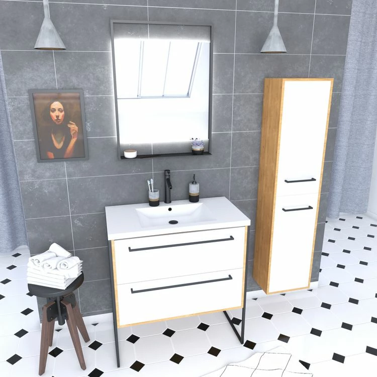 Aurlane Ensemble De Salle De Bain 80cm + Vasque Blanche 80x50 + Tiroir Blanc Mat + Miroir +colonne 1 Aurlane Ensemble De Salle De Bain 80cm + Vasque Blanche 80x50 + Tiroir Blanc Mat + Miroir +colonne