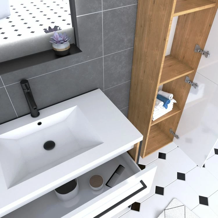 Aurlane Ensemble De Salle De Bain 80cm + Vasque Blanche 80x50 + Tiroir Blanc Mat + Miroir +colonne 2 Aurlane Ensemble De Salle De Bain 80cm + Vasque Blanche 80x50 + Tiroir Blanc Mat + Miroir +colonne – Image 2