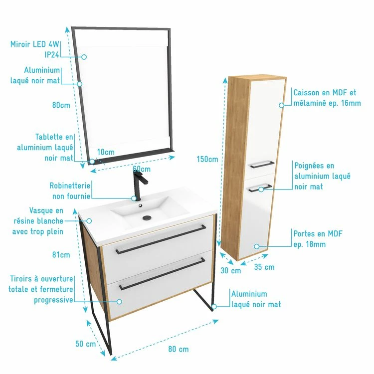 Aurlane Ensemble De Salle De Bain 80cm + Vasque Blanche 80x50 + Tiroir Blanc Mat + Miroir +colonne 4 Aurlane Ensemble De Salle De Bain 80cm + Vasque Blanche 80x50 + Tiroir Blanc Mat + Miroir +colonne – Image 4