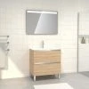 Aurlane Meuble De Salle De Bain 80x50 Cm Chêne Blond + Vasque Verre Blanc + Miroir A Bande LED 80x60