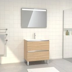 Aurlane Meuble De Salle De Bain 80x50 Cm ChĂȘne Blond + Vasque Verre Blanc + Miroir A Bande LED 80x60