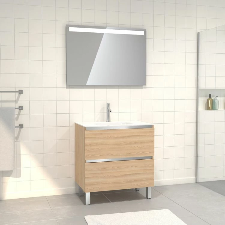 Aurlane Meuble De Salle De Bain 80x50 Cm Chêne Blond + Vasque Verre Blanc + Miroir A Bande LED 80x60 1 Aurlane Meuble De Salle De Bain 80x50 Cm Chêne Blond + Vasque Verre Blanc + Miroir A Bande LED 80x60