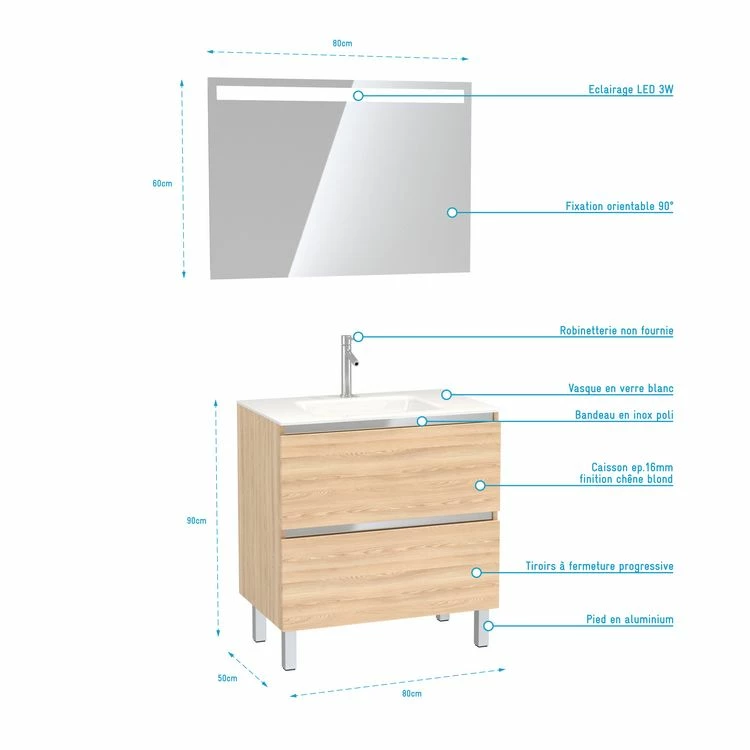 Aurlane Meuble De Salle De Bain 80x50 Cm Chêne Blond + Vasque Verre Blanc + Miroir A Bande LED 80x60 4 Aurlane Meuble De Salle De Bain 80x50 Cm Chêne Blond + Vasque Verre Blanc + Miroir A Bande LED 80x60 – Image 4