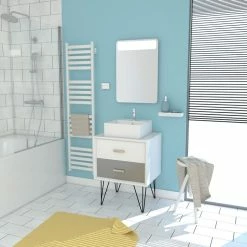 Aurlane MEUBLE SALLE DE BAIN SCANDINAVE BLANC ET GRIS 60 CM SUR PIEDS AVEC TIROIRS, VASQUE A POSER ET MIROIR