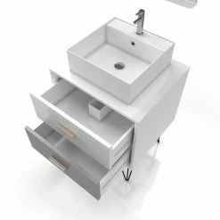 Aurlane MEUBLE SALLE DE BAIN SCANDINAVE BLANC ET GRIS 60 CM SUR PIEDS AVEC TIROIRS, VASQUE A POSER ET MIROIR -Paris Prix boutique B2CD 1141