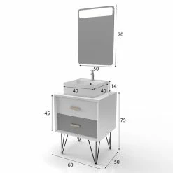 Aurlane MEUBLE SALLE DE BAIN SCANDINAVE BLANC ET GRIS 60 CM SUR PIEDS AVEC TIROIRS, VASQUE A POSER ET MIROIR -Paris Prix boutique B2CD 1142