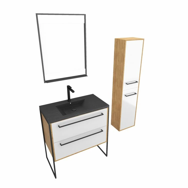 Aurlane Pack Meuble SDB 80cm Sur Pieds 2 Tiroirs Blanc_Vasque Effet Pierre Noir + Miroir Led + Colonne 150cm 3 Aurlane Pack Meuble SDB 80cm Sur Pieds 2 Tiroirs Blanc_Vasque Effet Pierre Noir + Miroir Led + Colonne 150cm – Image 3