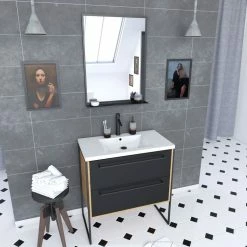 Aurlane Meuble De Salle De Bain 80x50cm - Vasque Blanche 80x50cm - 2 Tiroirs Noir Mat + Miroir