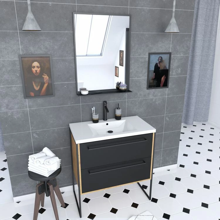 Aurlane Meuble De Salle De Bain 80x50cm - Vasque Blanche 80x50cm - 2 Tiroirs Noir Mat + Miroir 1 Aurlane Meuble De Salle De Bain 80x50cm - Vasque Blanche 80x50cm - 2 Tiroirs Noir Mat + Miroir