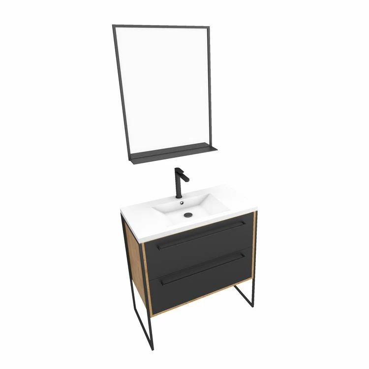 Aurlane Meuble De Salle De Bain 80x50cm - Vasque Blanche 80x50cm - 2 Tiroirs Noir Mat + Miroir 3 Aurlane Meuble De Salle De Bain 80x50cm - Vasque Blanche 80x50cm - 2 Tiroirs Noir Mat + Miroir – Image 3