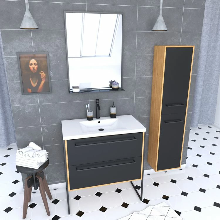 Aurlane Meuble De Salle De Bain 80x50cm - Vasque Blanche 80x50cm -tiroirs Noir Mat + Colonne + Miroir 1 Aurlane Meuble De Salle De Bain 80x50cm - Vasque Blanche 80x50cm -tiroirs Noir Mat + Colonne + Miroir
