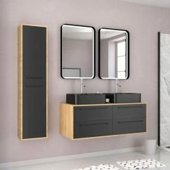 Aurlane Pack Meuble SDB 120cm Suspendu 4 Tiroirs_Vasques Noires Rectangles + Miroirs Led + Colonne - UBY 120