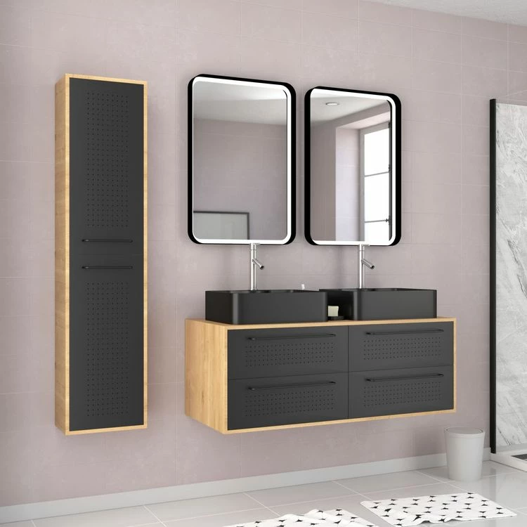 Aurlane Pack Meuble SDB 120cm Suspendu 4 Tiroirs_Vasques Noires Rectangles + Miroirs Led + Colonne - UBY 120 1 Aurlane Pack Meuble SDB 120cm Suspendu 4 Tiroirs_Vasques Noires Rectangles + Miroirs Led + Colonne - UBY 120