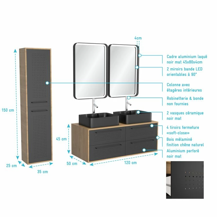 Aurlane Pack Meuble SDB 120cm Suspendu 4 Tiroirs_Vasques Noires Rectangles + Miroirs Led + Colonne - UBY 120 4 Aurlane Pack Meuble SDB 120cm Suspendu 4 Tiroirs_Vasques Noires Rectangles + Miroirs Led + Colonne - UBY 120 – Image 4