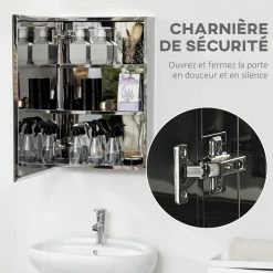 KLEANKIN Armoire Miroir Murale Salle De Bain Toilette Dim. 39L X 12l X 60H Cm Acier Inox. Verre -Paris Prix boutique B2CD 1193