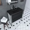 Aurlane Meuble De Salle De Bain 80x50cm Blanc - 2 Tiroirs Noir Mat - Vasque Resine Noire Effet Pierre