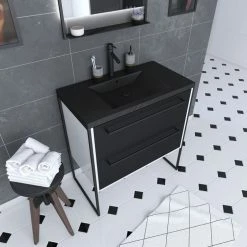 Aurlane Meuble De Salle De Bain 80x50cm Blanc - 2 Tiroirs Noir Mat - Vasque Resine Noire Effet Pierre