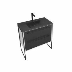 Aurlane Meuble De Salle De Bain 80x50cm Blanc - 2 Tiroirs Noir Mat - Vasque Resine Noire Effet Pierre -Paris Prix boutique B2CD 1196