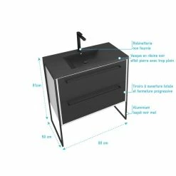 Aurlane Meuble De Salle De Bain 80x50cm Blanc - 2 Tiroirs Noir Mat - Vasque Resine Noire Effet Pierre -Paris Prix boutique B2CD 1197