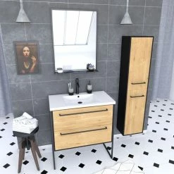 Aurlane Meuble Salle De Bains 80 Cm, Vasque Blanche, Miroir Et Colonne - ChĂȘne Et Noir - STRUCTURA