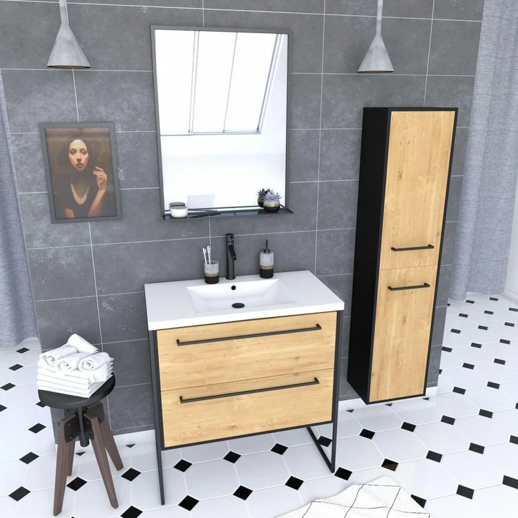 Aurlane Meuble Salle De Bains 80 Cm, Vasque Blanche, Miroir Et Colonne - Chêne Et Noir - STRUCTURA 1 Aurlane Meuble Salle De Bains 80 Cm, Vasque Blanche, Miroir Et Colonne - Chêne Et Noir - STRUCTURA