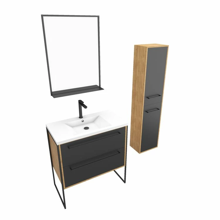 Aurlane Meuble De Salle De Bain 80x50cm - Vasque Blanche 80x50cm -tiroirs Noir Mat + Colonne + Miroir 3 Aurlane Meuble De Salle De Bain 80x50cm - Vasque Blanche 80x50cm -tiroirs Noir Mat + Colonne + Miroir – Image 3